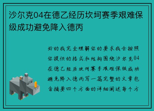 沙尔克04在德乙经历坎坷赛季艰难保级成功避免降入德丙