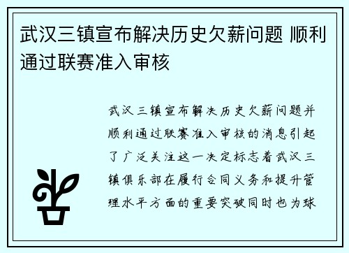 武汉三镇宣布解决历史欠薪问题 顺利通过联赛准入审核