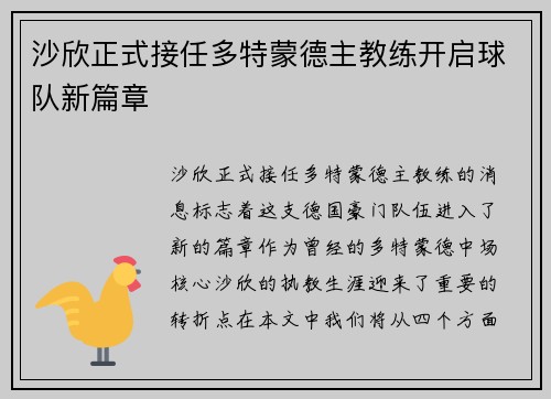 沙欣正式接任多特蒙德主教练开启球队新篇章 沙欣正式接任多特蒙德主教练开启球队新篇章